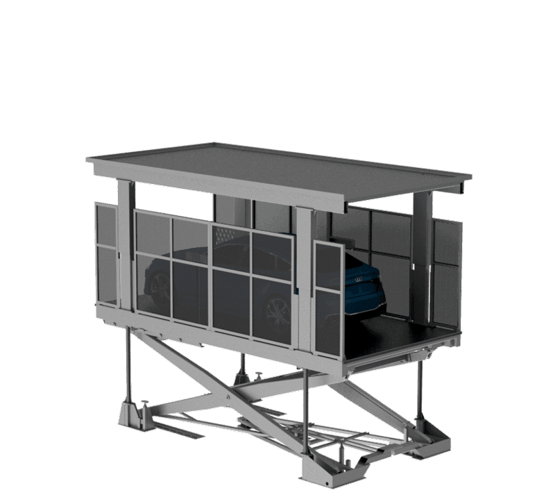 3D-Rendering des Autolift-Systems Mit Person An Bord - erhöhte Plattform mit Metallstruktur, Dach, Fenstern, blauem Auto im Inneren